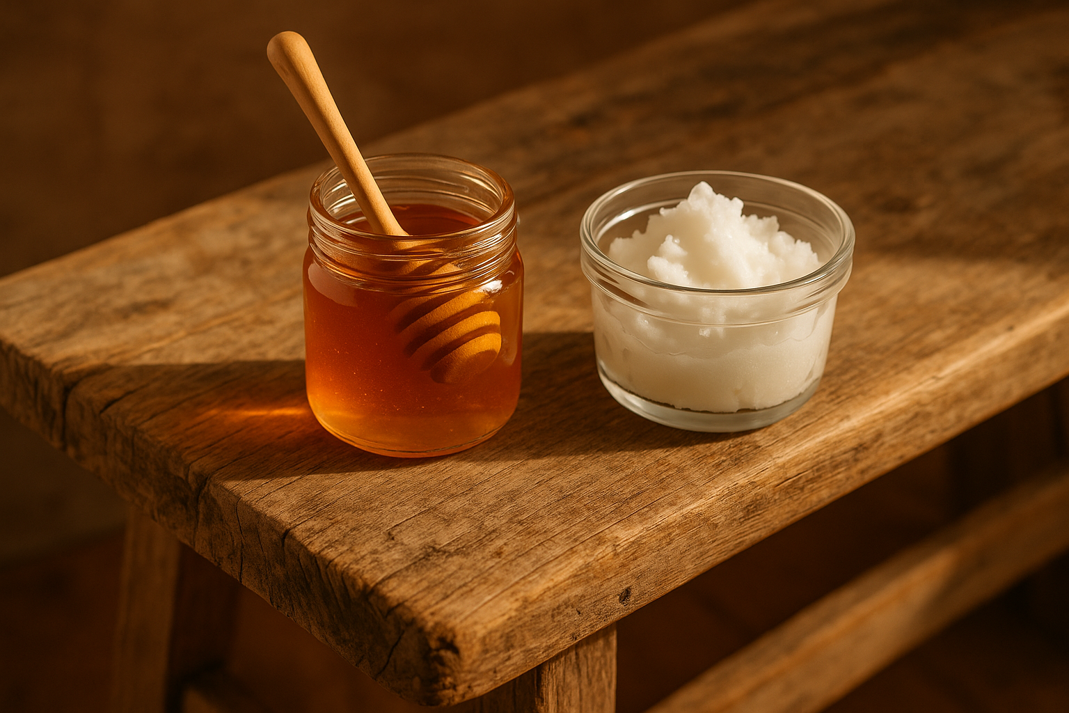 honey and coconut oil on rustic wooden bench