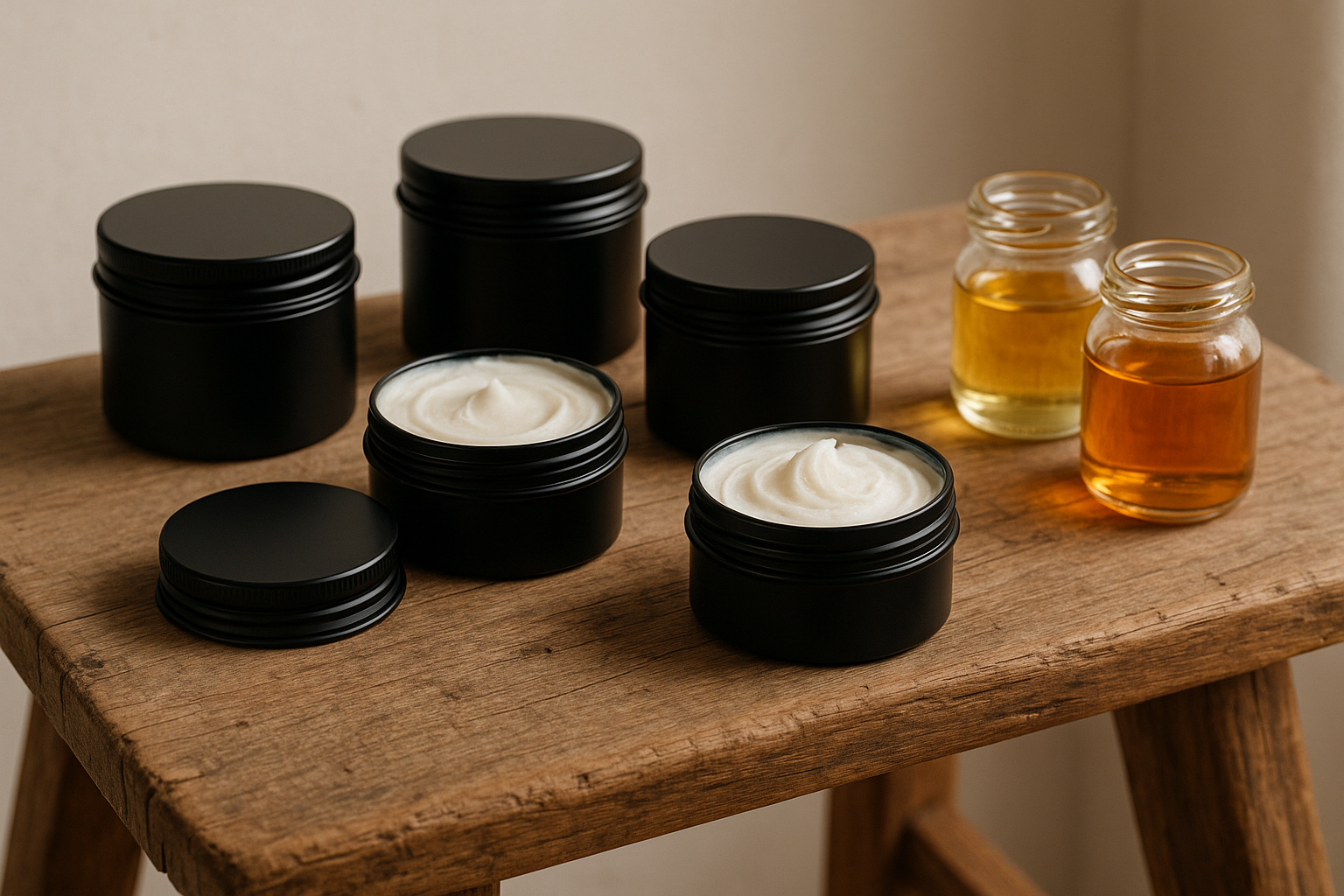 whipped beef tallow in 100ml black tins on a rustic wooden bench, no label, with macadamia oil and honey 