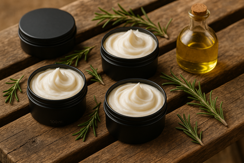 whipped beef tallowmin black 100ml tins on a rustic wooden bench, no label, with rosemary and olive oil